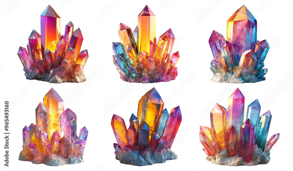 Fototapeta premium Colorful crystal clusters vibrant hues isolated on transparent background
