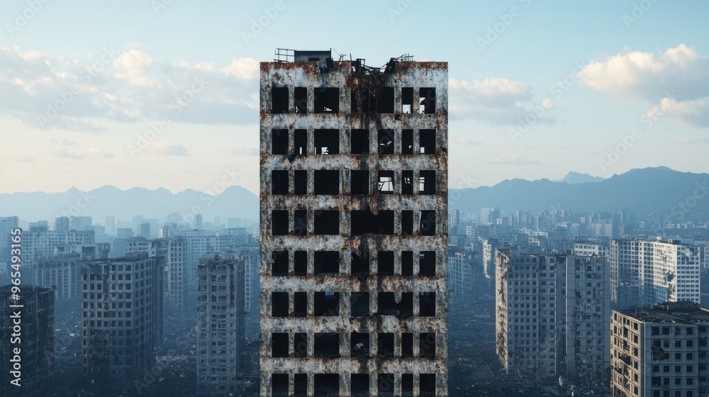 Obraz premium Eerie Postapocalyptic Cityscape - Detailed of Crumbling Buildings in Quality