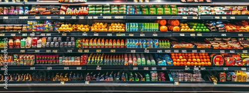 Assorted food products neatly arranged on supermarket shelves