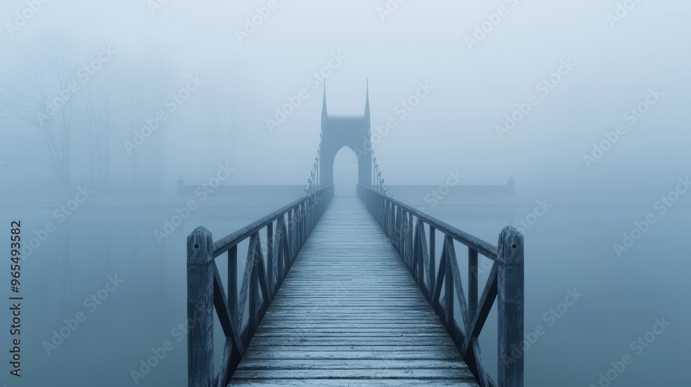 Obraz premium Eerie Gothic Bridge Enshrouded in Fog - Model Creating Mysterious Atmosphere
