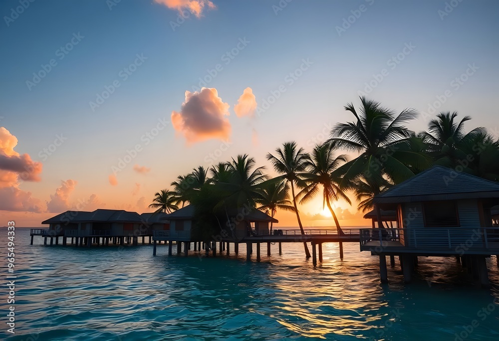 Tropical island resort with tree. Sunset over the beach Tropical island resort with tree. Sunset over the beach