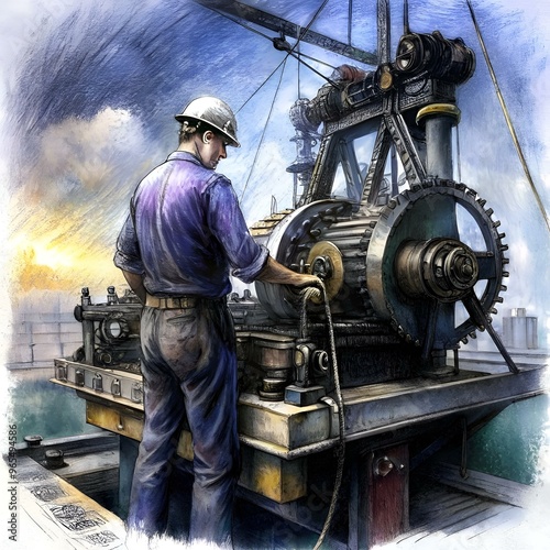 A vintage illustration depicting a hardworking deckhand operating a powerful winch. photo