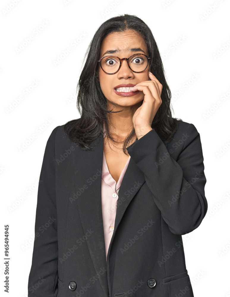 Young Latina professional in studio biting fingernails, nervous and very anxious. Young Latina professional in studio biting fingernails, nervous and very anxious.