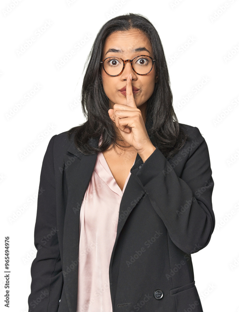 Young Latina professional in studio keeping a secret or asking for silence. Young Latina professional in studio keeping a secret or asking for silence.