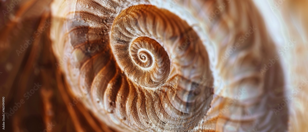 The detailed texture of a nautilus shell is captured in close-up, showcasing its spiral form and intricate natural design.