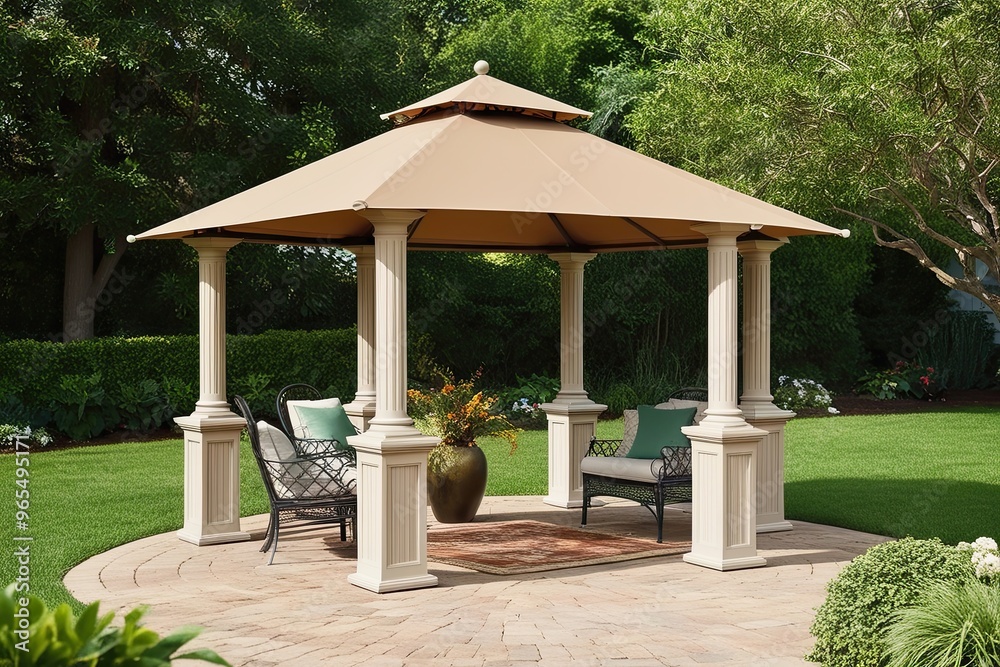 Elegant Tan Canopy Gazebo with Four Pillars and Welcoming Entrance for Garden Decoration Elegant Tan Canopy Gazebo with Four Pillars and Welcoming Entrance for Garden Decoration