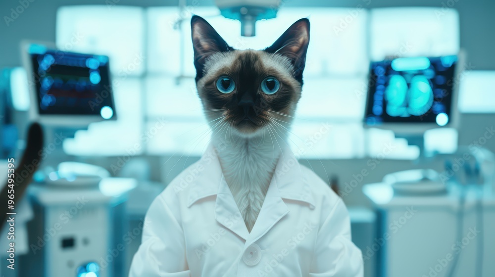 A clever cat in a lab coat stands confidently in a medical lab, showcasing a unique blend of science and whimsy.