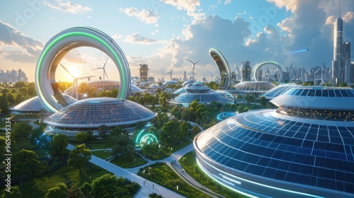 A vibrant 3D scene of a solar energy farm arranged in a circular pattern. Solar panels spiral outward, connecting to an energy hub that recycles and redistributes power with zero waste. In the photo