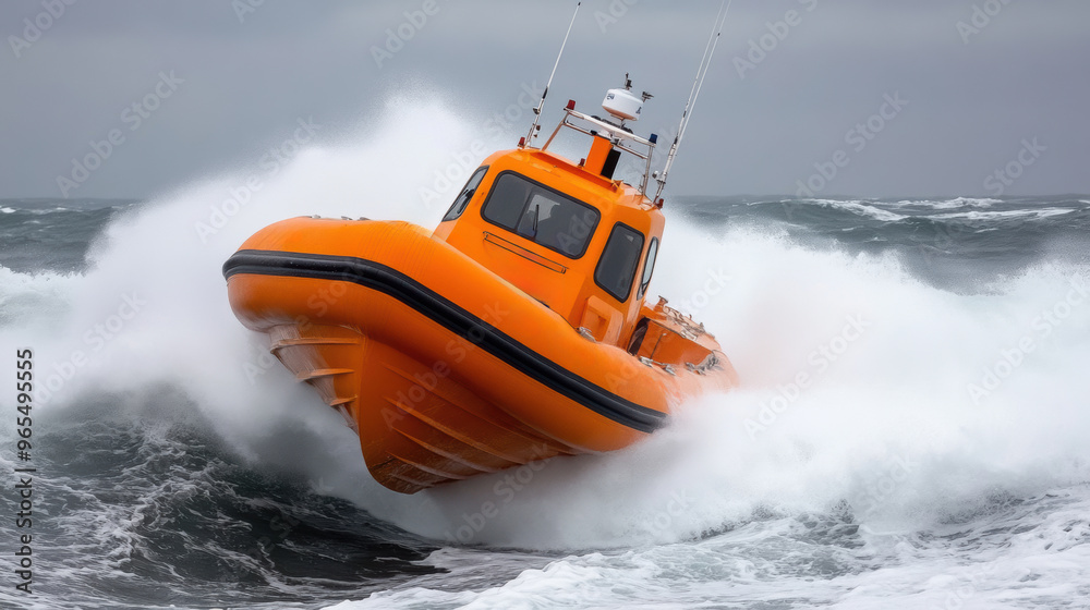 Fototapeta premium A small orange boat is riding on a large wave, AI
