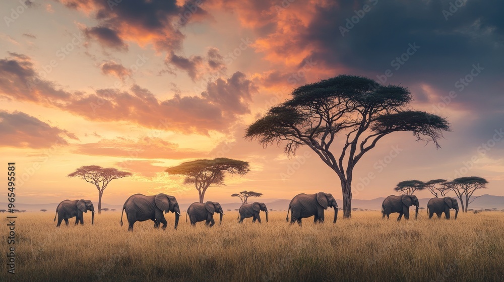 Fototapeta premium Elephants at Sunset in the African Savanna