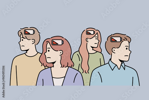 Problem of emotional burnout in society and lack of strength in people with discharged battery in their heads. Men and women suffer from burnout after receiving bad news and misinformation