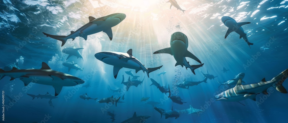 Fototapeta premium An underwater scene featuring a school of sharks swimming gracefully through sunlit, crystal-clear blue waters.