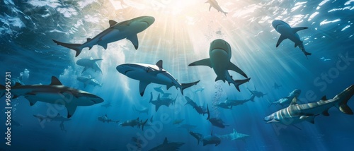 An underwater scene featuring a school of sharks swimming gracefully through sunlit, crystal-clear blue waters.
