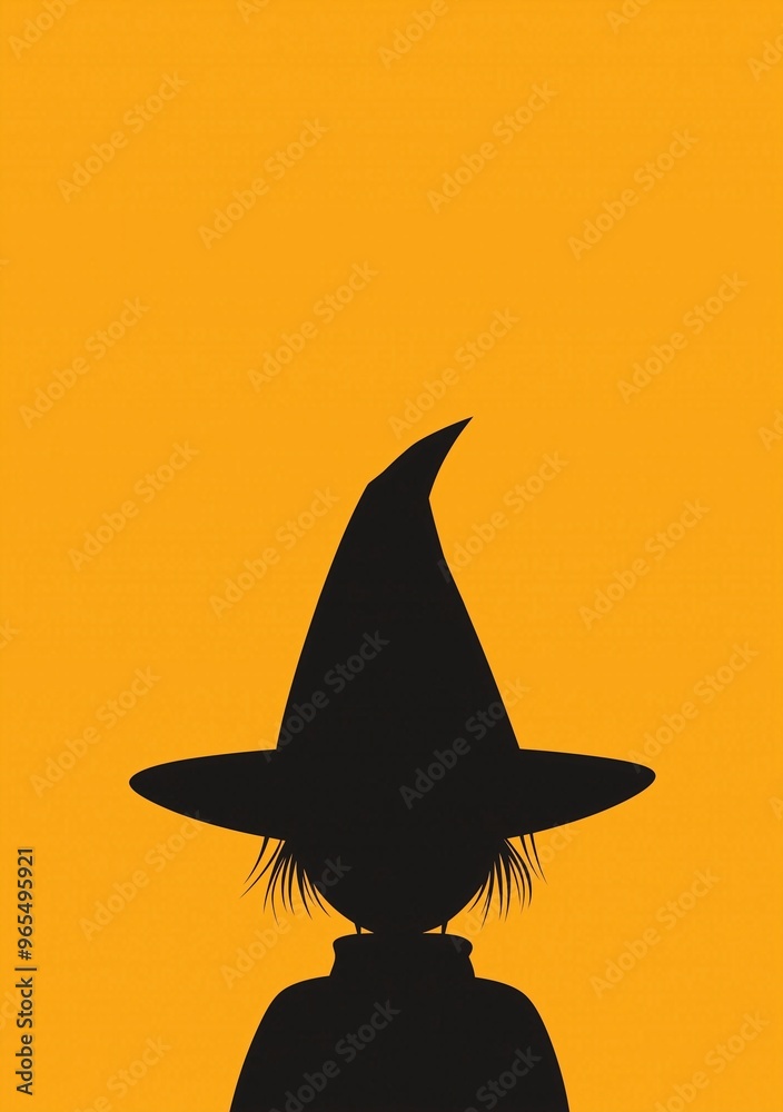 Fototapeta premium Silhouette of a witch on orange background, minimalist witch illustration with pointed hat, spooky Halloween concept in simple design
