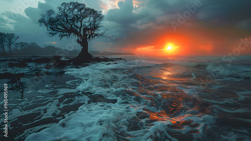 Dramatic depiction of climate change and rising sea levels, showing a massive wave approaching flooded coastlines, the devastating impact of global warming and the extreme risk of future flooding.