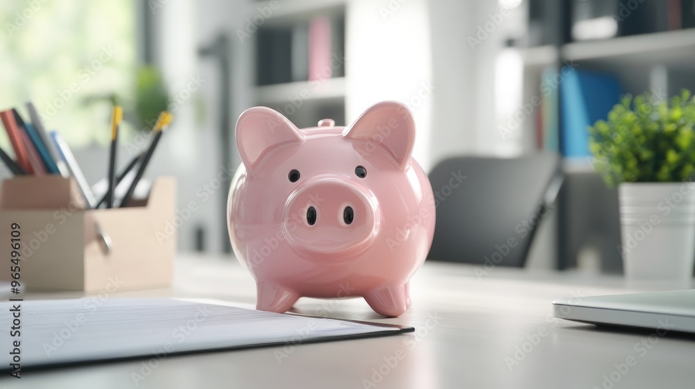 A pink piggy bank placed on a modern office desk, symbolizing personal finance and investment planning