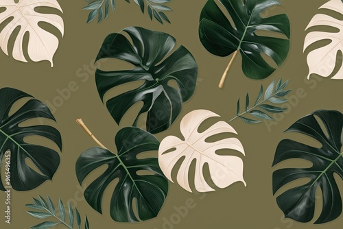 Rustic Olive Green and Cream Leaves: Earthy Monstera Design for Meditative Templates and Organic Branding photo