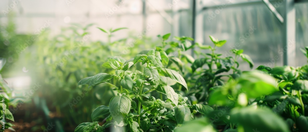 Lush green plants thriving in a greenhouse bathed in gentle light, capturing the essence of organic growth and nurturing. Lush green plants thriving in a greenhouse bathed in gentle light, capturing the essence of organic growth and nurturing.