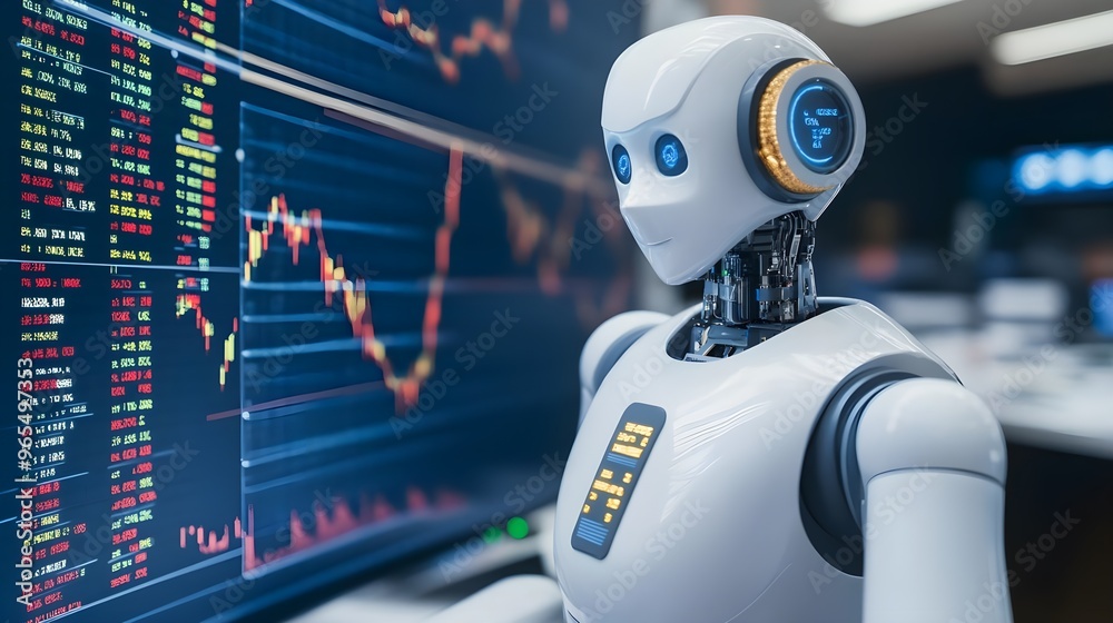 AI Robot Analyzing Stock Market Data AI Robot Analyzing Stock Market Data