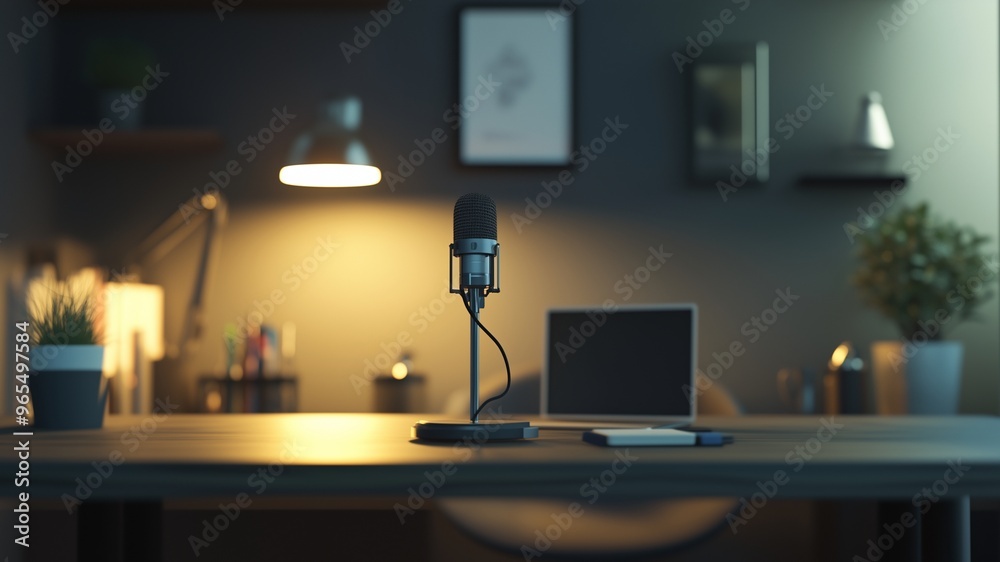 Podcasting in a Minimalist Studio. A minimalist-style studio with a single microphone ,laptop. The clean lines of the furniture are blurred, with the focus on the crisp, modern podcasting equipment Podcasting in a Minimalist Studio. A minimalist-style studio with a single microphone ,laptop. The clean lines of the furniture are blurred, with the focus on the crisp, modern podcasting equipment