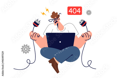 Error 404 causes panic in man with laptop holding broken wire and trying to fix internet