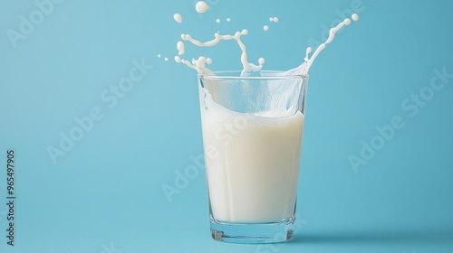 Solid blue background and a clean, minimalist composition of milk splashing from a glass