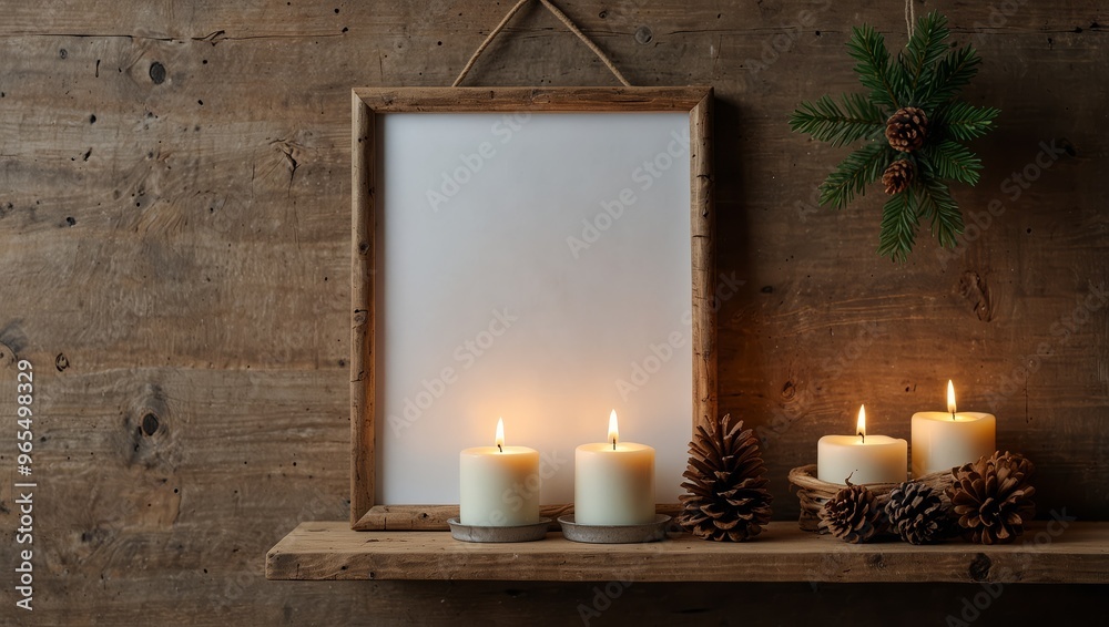 Vertical wooden frame mockup with hanging pine branch, pinecone, star, candles and gift box on rustic rough shelf. Minimal Christmas interior decoration Vertical wooden frame mockup with hanging pine branch, pinecone, star, candles and gift box on rustic rough shelf. Minimal Christmas interior decoration