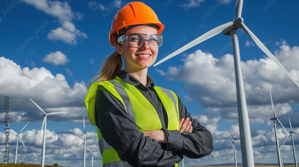 technician working outdoors at a wind turbine field. Renewable energy engineers working on wind power plants, Environmental engineers research and develop approaches to providing clean energy sources technician working outdoors at a wind turbine field. Renewable energy engineers working on wind power plants, Environmental engineers research and develop approaches to providing clean energy sources
