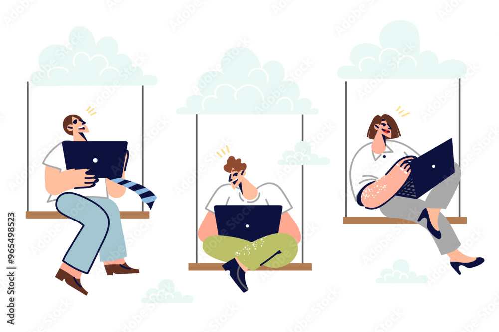 Business people use cloud technology for teamwork over internet, sitting in sky with laptops Business people use cloud technology for teamwork over internet, sitting in sky with laptops