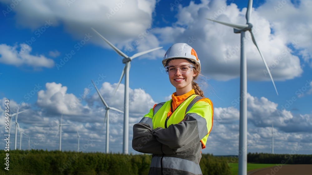 technician working outdoors at a wind turbine field. Renewable energy engineers working on wind power plants, Environmental engineers research and develop approaches to providing clean energy sources technician working outdoors at a wind turbine field. Renewable energy engineers working on wind power plants, Environmental engineers research and develop approaches to providing clean energy sources
