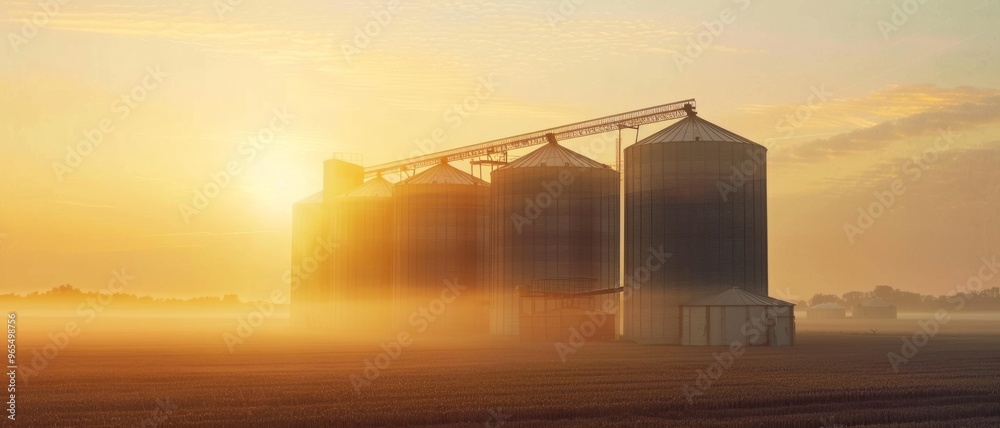 Obraz premium Industrial silos stand tall in a foggy, golden sunrise over farmland, showcasing a peaceful rural scene.