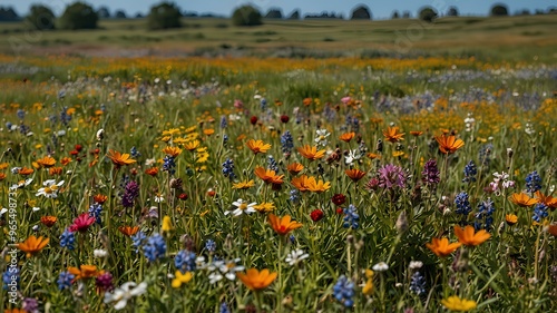 Vibrant wildflower meadows. Colorful wildflowers bloom across a vast meadow, with bees and butterflies fluttering under a clear blue sky. Realistic style. photo