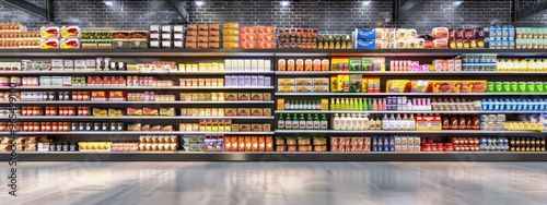 Supermarket shelves filled with food products