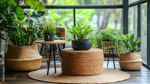 Several potted plants in woven baskets on a wood floor with a woven rug.