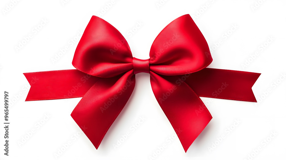Fototapeta premium Realistic decorative red bow with horizontal red ribbons isolated on white. Element for decoration gifts