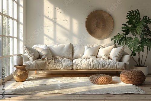 Scandinavian Living Room A bright, minimalist living room with white walls, light wood flooring, and a grey fabric sofa. Add a simple coffee table, a large green plant in the corner, and a white rug.
