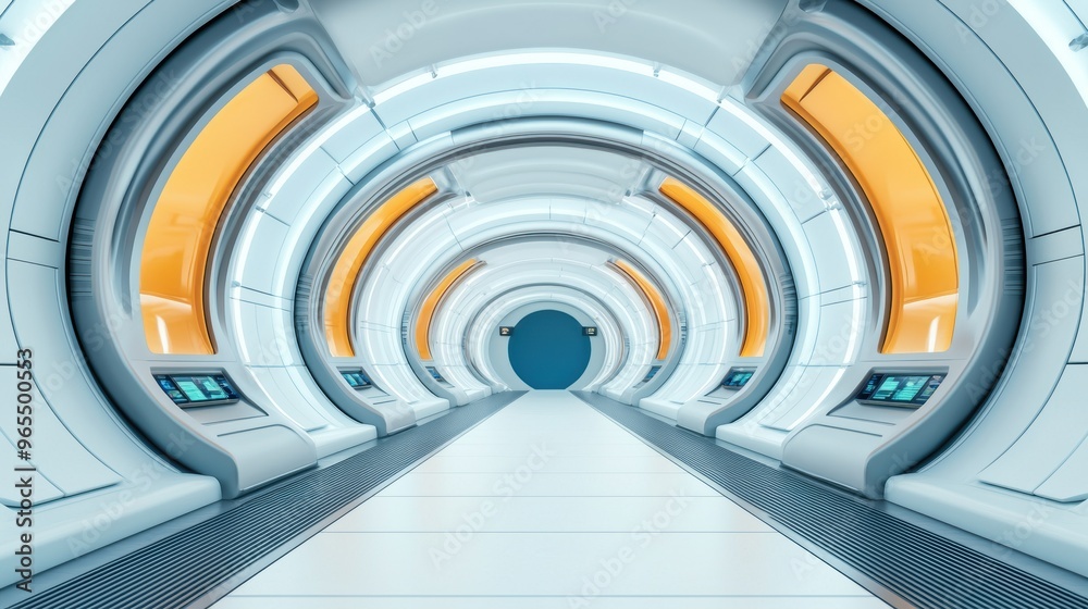 Fototapeta premium Futuristic Transportation Hub with Advanced Design and Digital Signage in Quality, Copy Space for Text