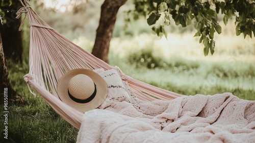 Cozy Hammock with a Straw Hat and Blanket in a Serene Garden