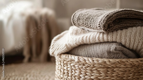Stack of Cozy Folded Knitted Sweaters in a Woven Basket with Warm Tones