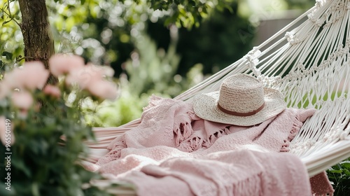 Cozy Hammock with a Straw Hat and Soft Pink Blanket in a Garden Setting
