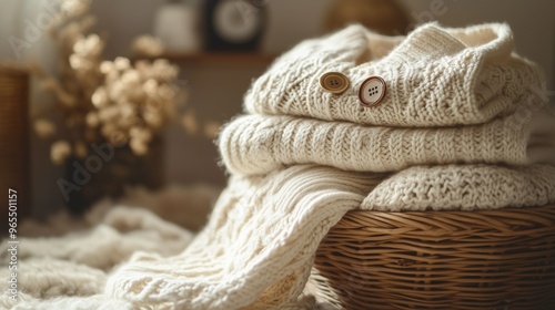 Stack of Cozy Knitted Sweaters with Wooden Buttons in a Woven Basket
