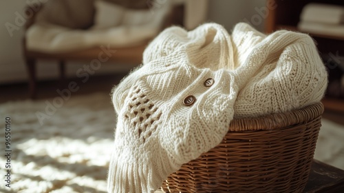 Cozy Knitted Sweater in a Woven Basket with Soft Natural Lighting