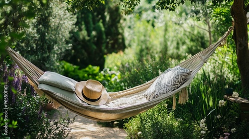 Serene Garden Hammock with Straw Hat and Cushions in a Lush Greenery Setting