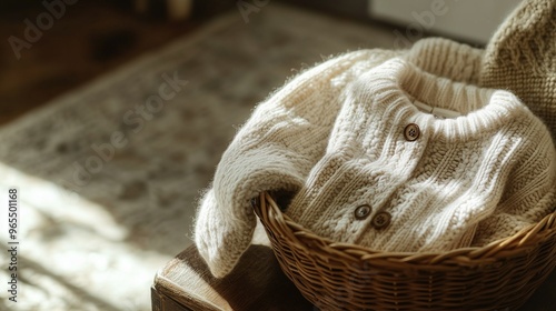 Warm Knitted Sweater Draped Over a Basket in Soft Natural Light