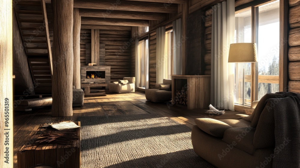 Cozy cabin interior with a fireplace and large windows overlooking a wintery forest.