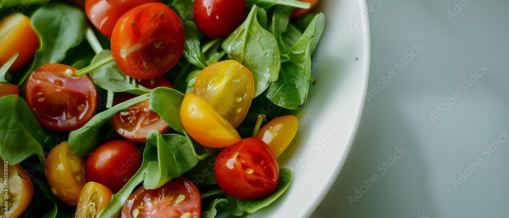 A vibrant salad of cherry tomatoes and green leaves is beautifully arranged in a white bowl, emphasizing freshness and healthy eating. A vibrant salad of cherry tomatoes and green leaves is beautifully arranged in a white bowl, emphasizing freshness and healthy eating.