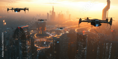 Several autonomous delivery drones flying over a futuristic city with neon lights at sunset. Concept of future delivery and technology