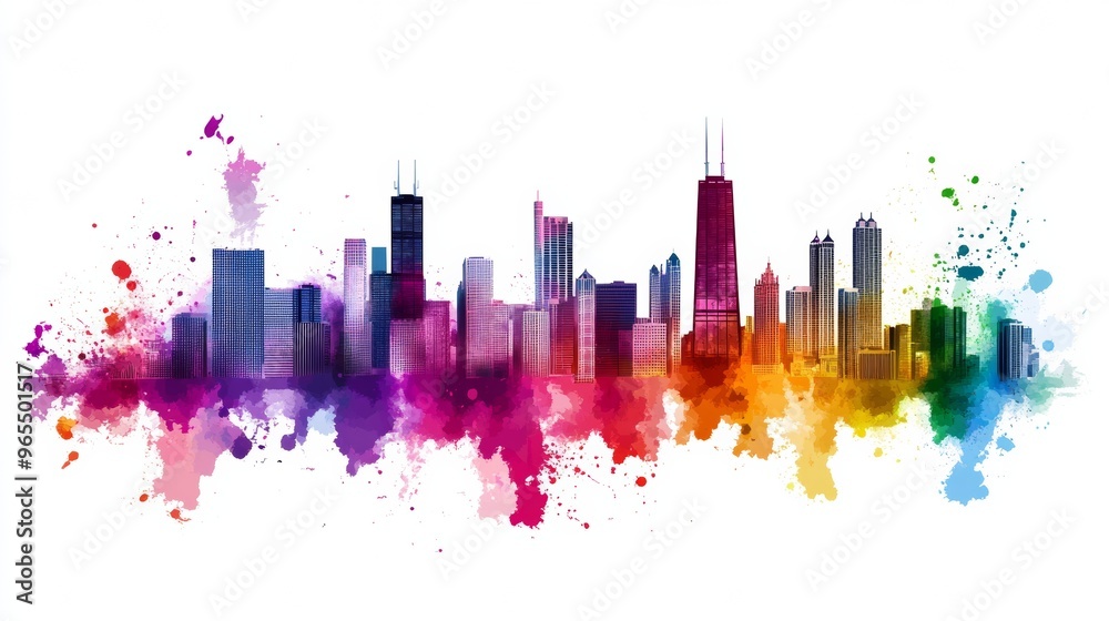 Fototapeta premium Image of colorful Chicago skyline on white background.