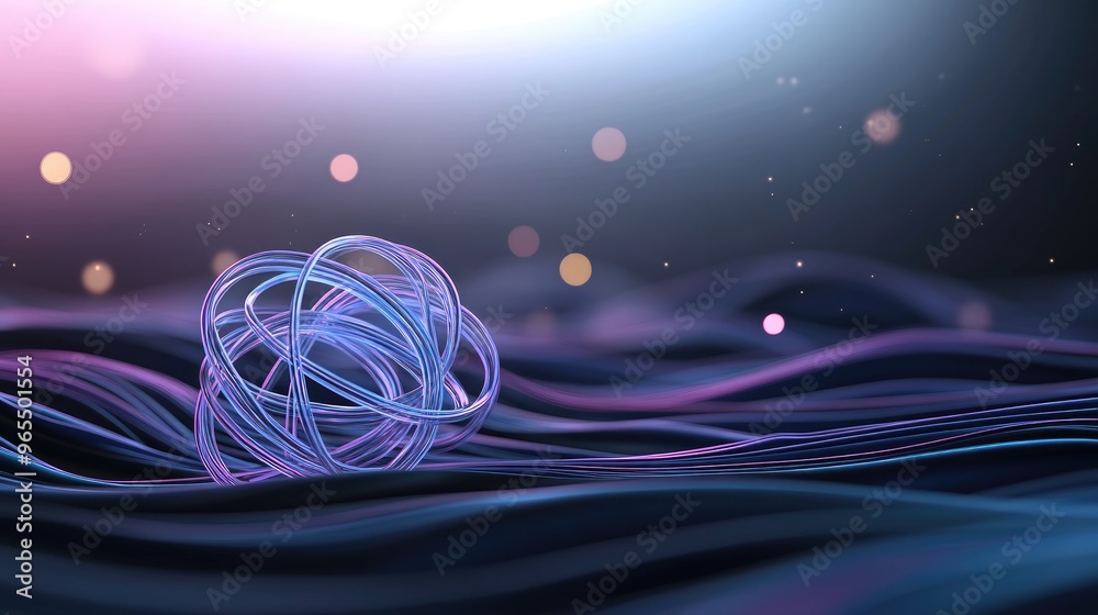 Fototapeta premium An atom with glowing protons radiates blue light above swirling water ripples, enhanced by neon pink highlights, merging science with a futuristic aesthetic