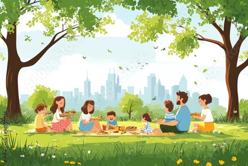 Happy big family having picnic in park in spring. Landscape with cartoon people eating under trees, children playing, city background flat illustration. Outdoor activity, leisure, Generative AI